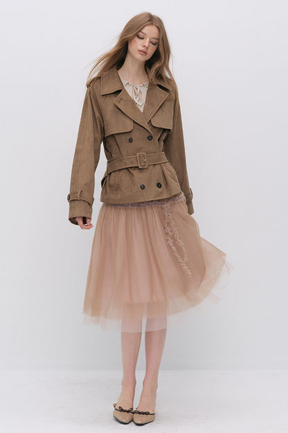 Suede Buttoned Trench Jacket