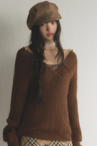 Brown V-Neck Ribbed Pullover