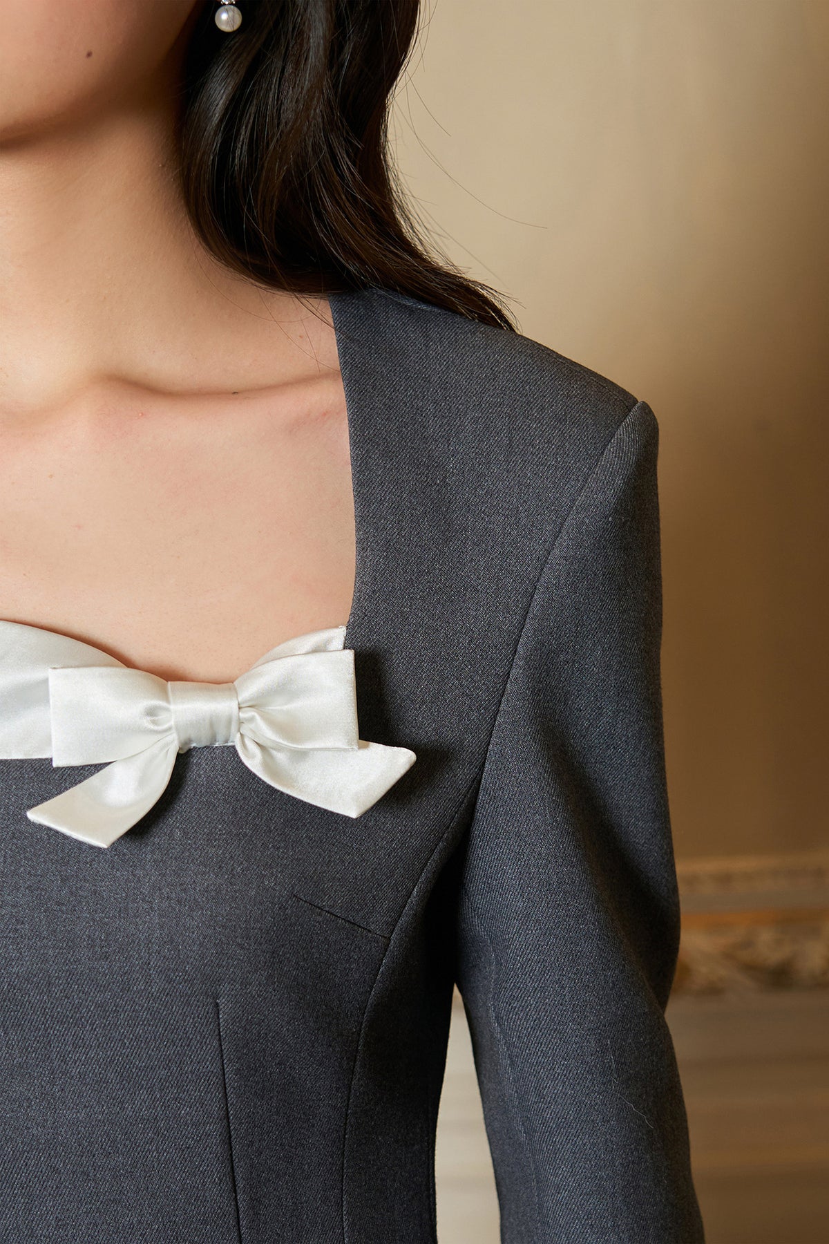 Gray Long Sleeve Square Neck Bow Bubble Dress