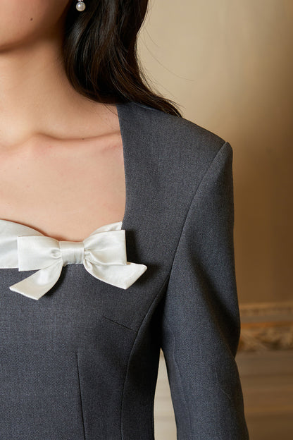 Gray Long Sleeve Square Neck Bow Bubble Dress