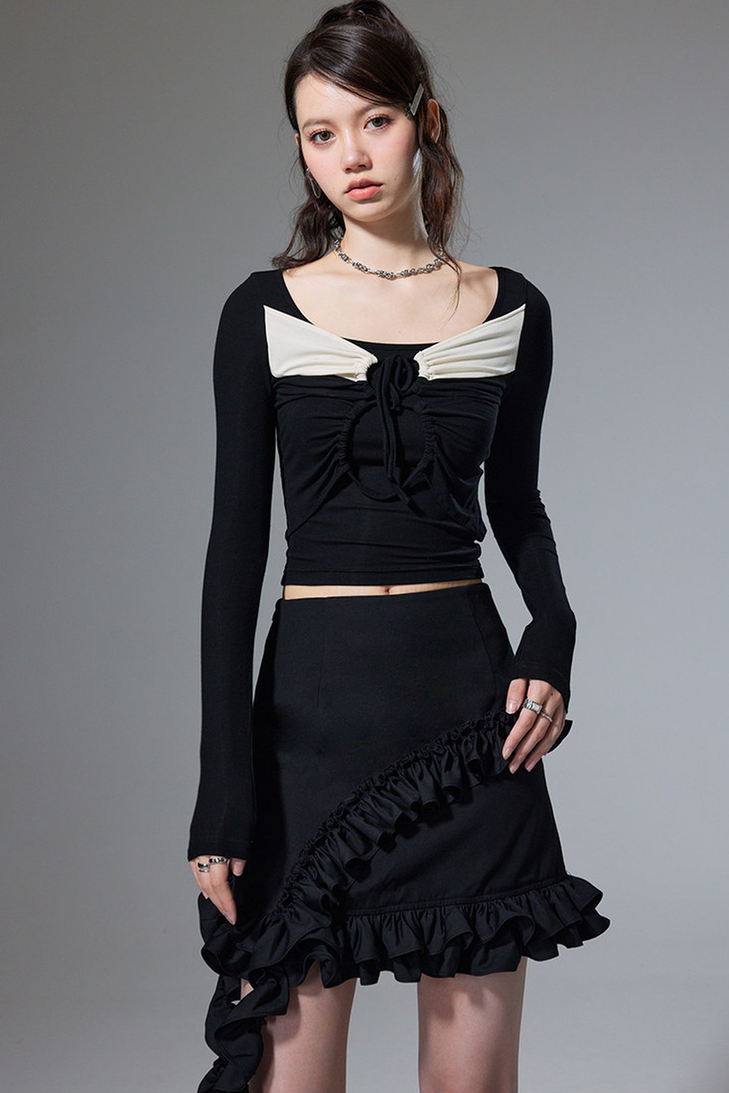 Square Neck Color-Block Knit Top and Skirt Set