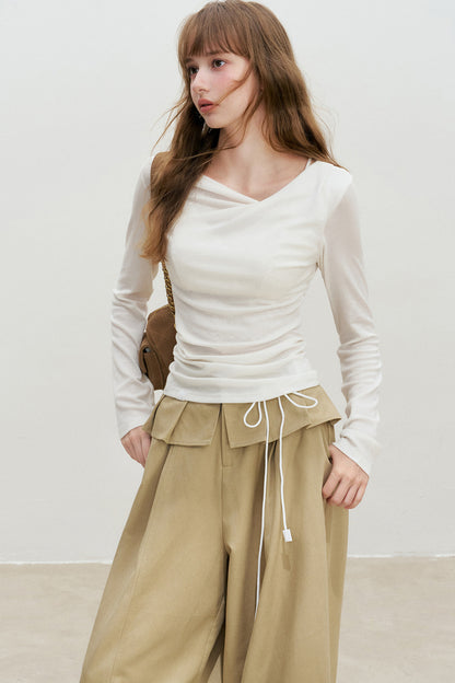 Lyocell Overlapping Pleated Long-Sleeve T-Shirt