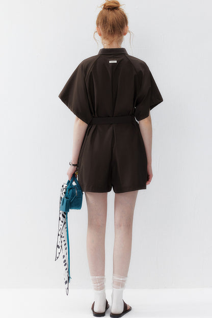 Dark Brown Lapel Wide-Leg Jumpsuit