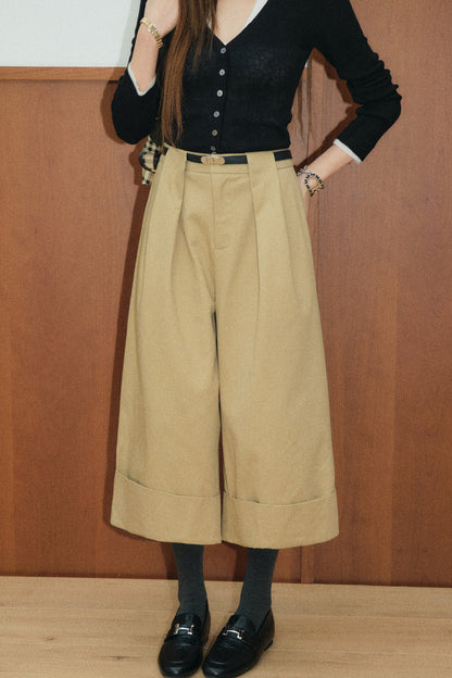 Layered-Look Top and High-Waisted Khaki Wide-Leg Cuffed Pants Set-Up