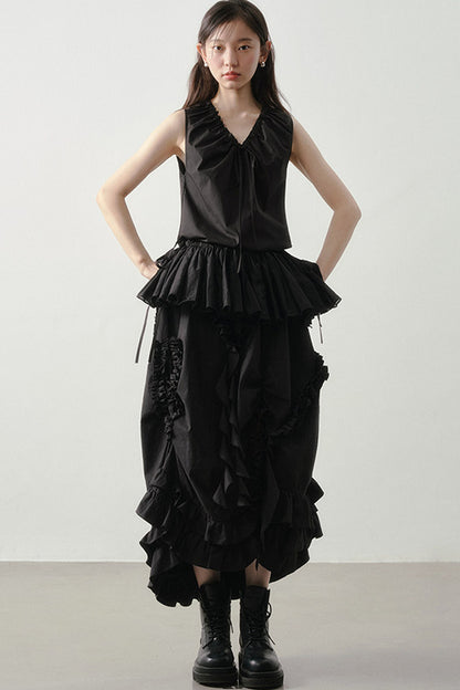 Pleated Ruffle Hem Sleeveless Top