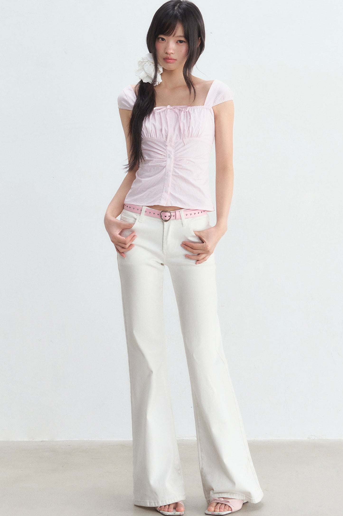 Pink Pleated Square-Neck Shirt and White Pants Set