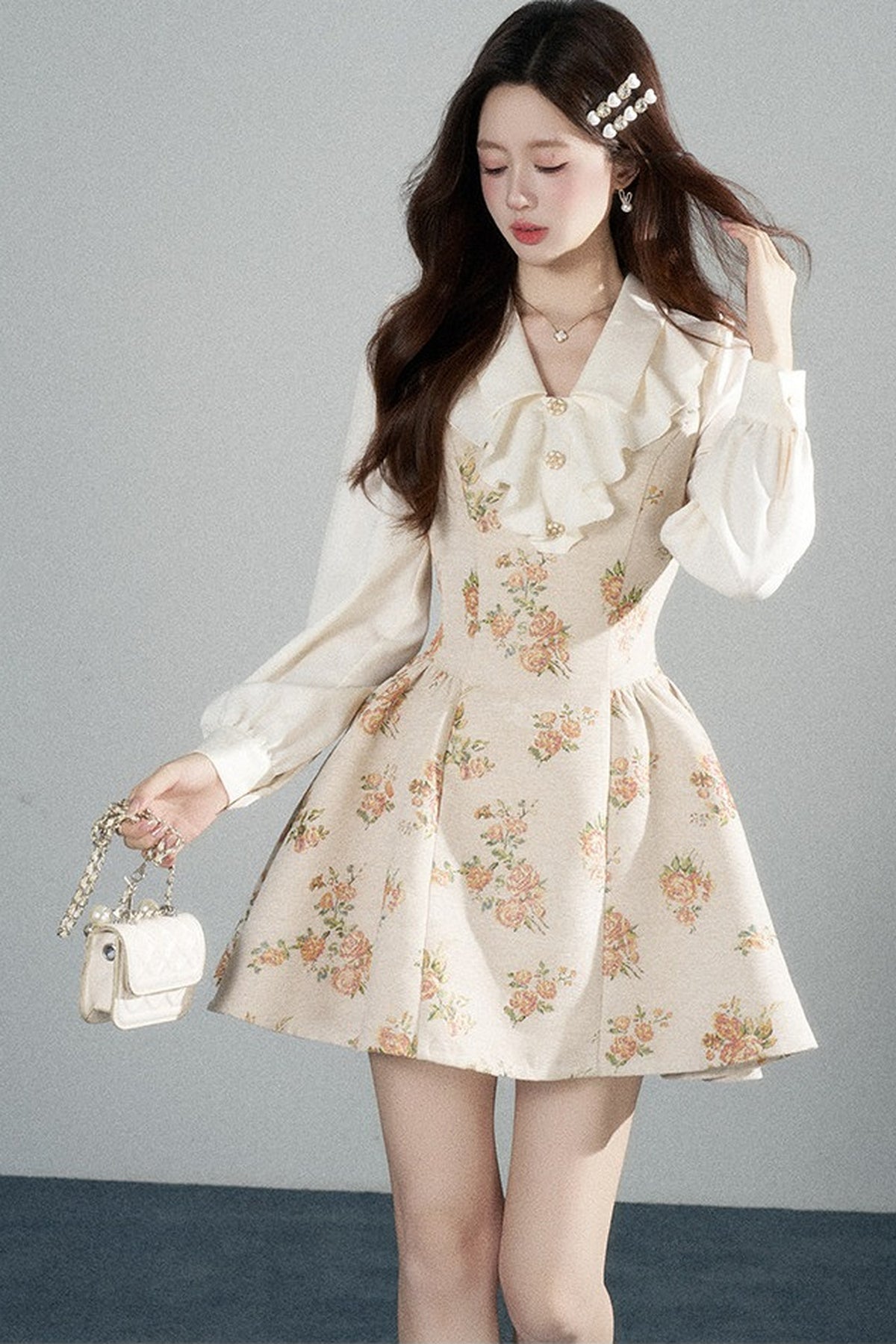 Floral Lantern Sleeve Ruffle Collar Dress