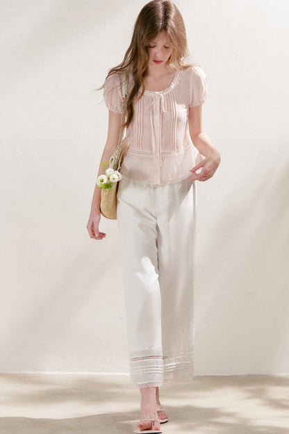 Tencel Linen Straight Leg Cropped Hollow Lace Pants