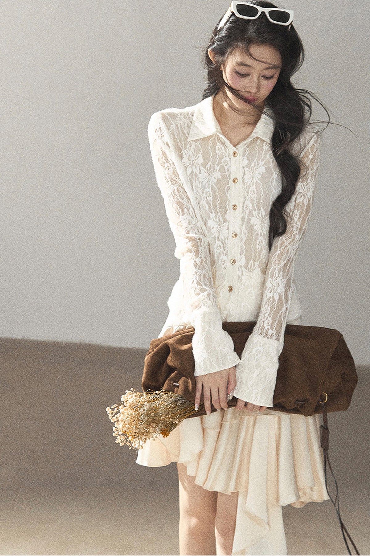 Vine Texture Hollow-Out Lace Polo Shirt