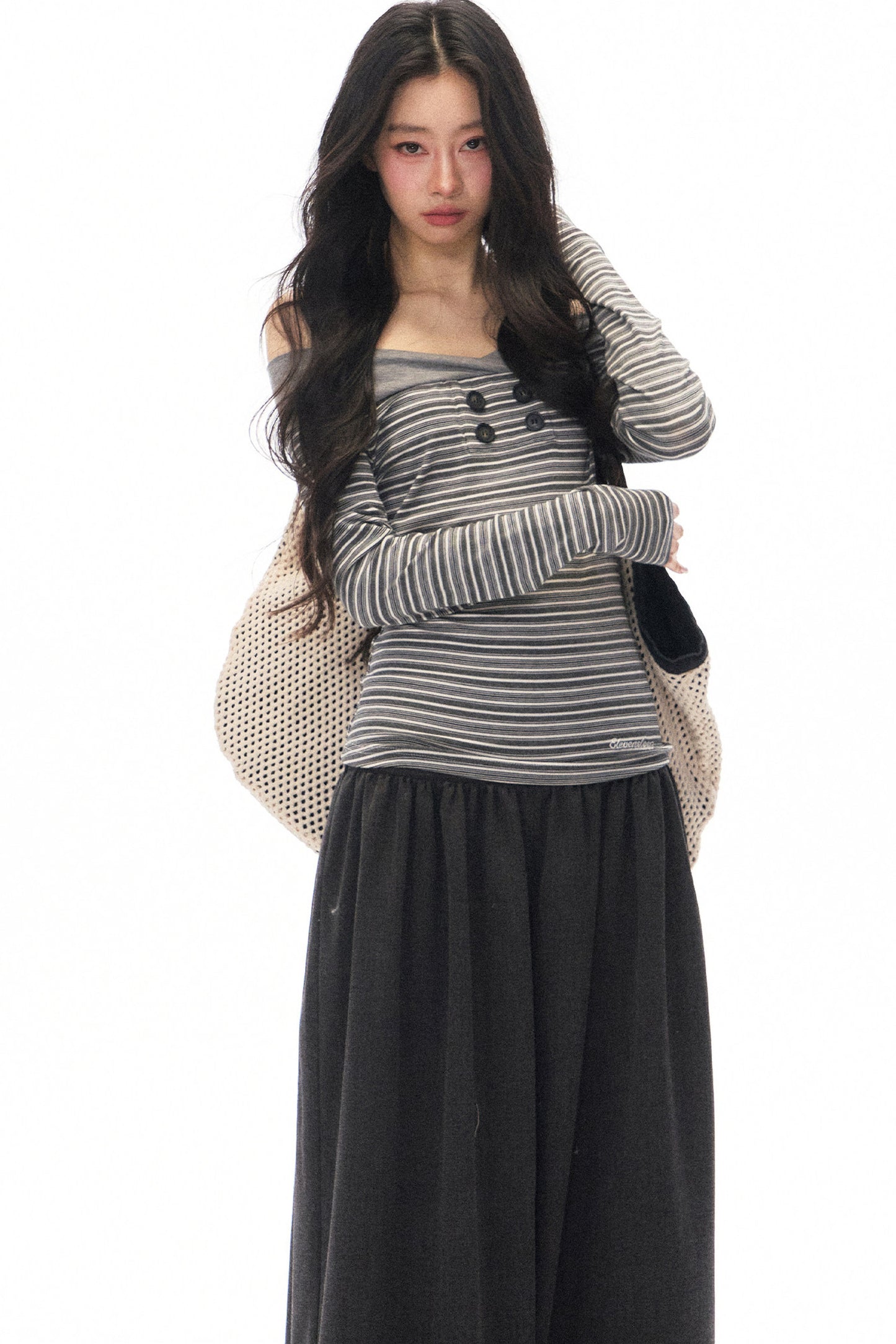 Striped Off-Shoulder Knit Top and Jeans Set-Up