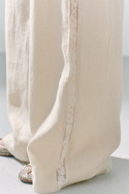Pure Linen Lace-Trimmed Wide Leg Pants