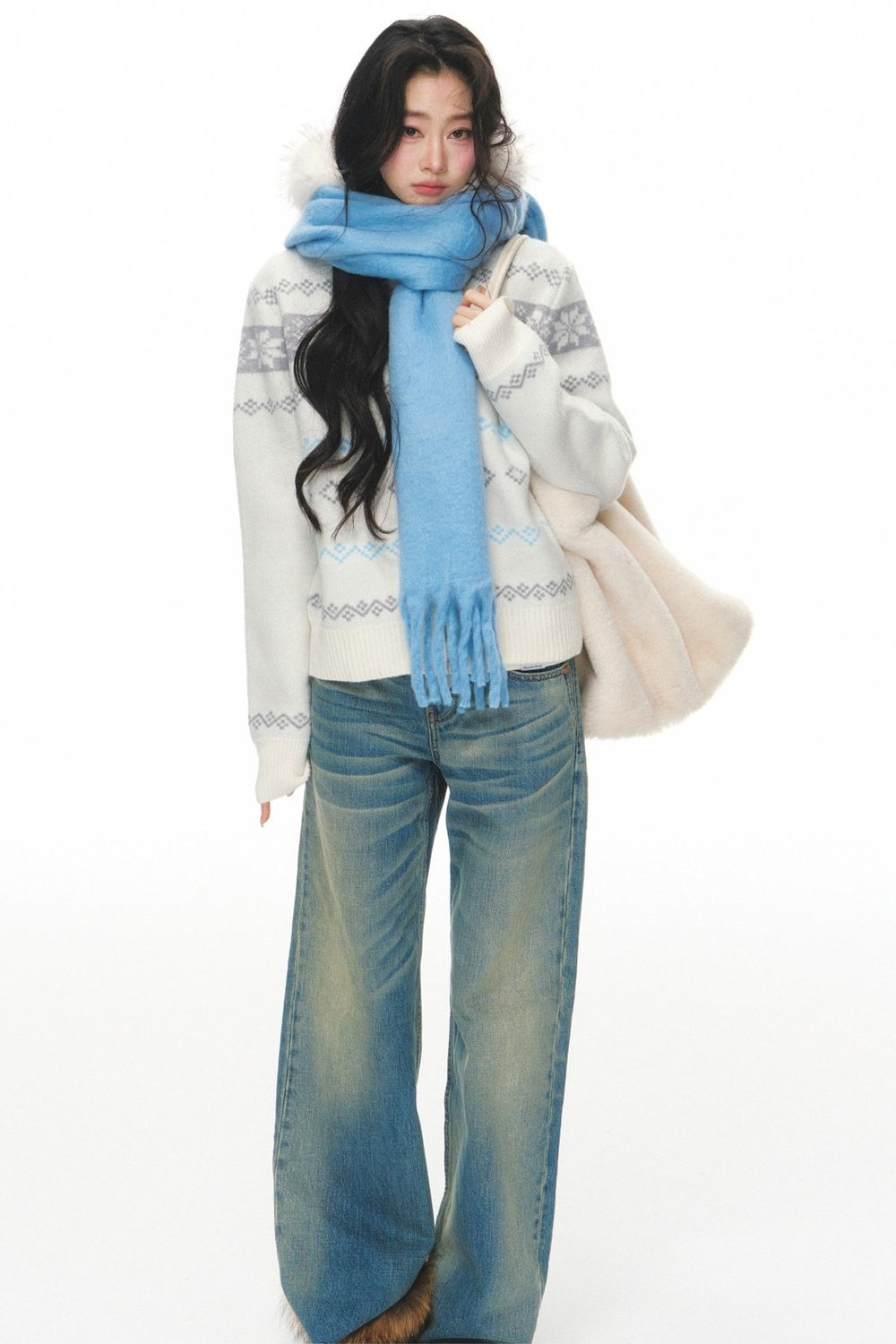 Fair Isle Jacquard Fur Collar Cardigan Set-Up