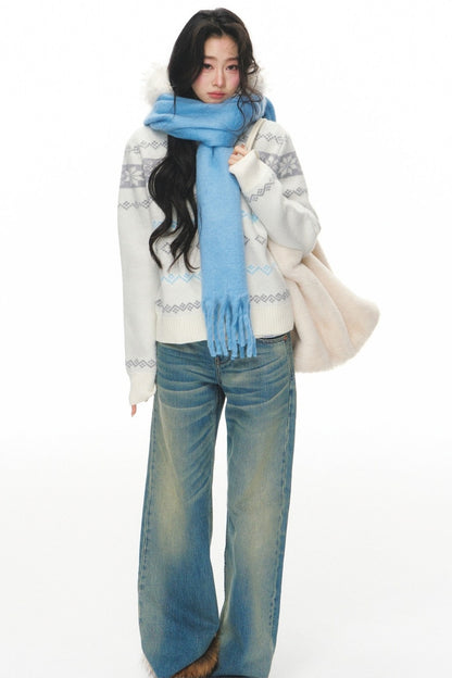 Fair Isle Jacquard Fur Collar Cardigan Set-Up