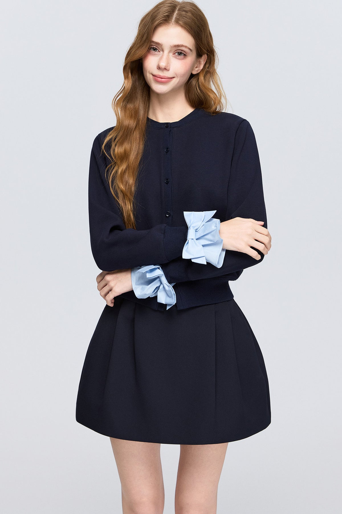 Layered-Look Bow Knit Cardigan