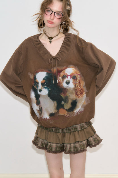 Brown Dog Print Lace V-Neck Sweatshirt