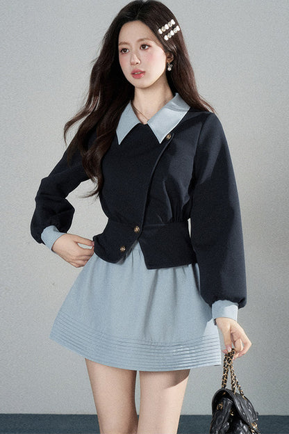 Color-Blocked Lapel Knit Top and Skirt Set-Up