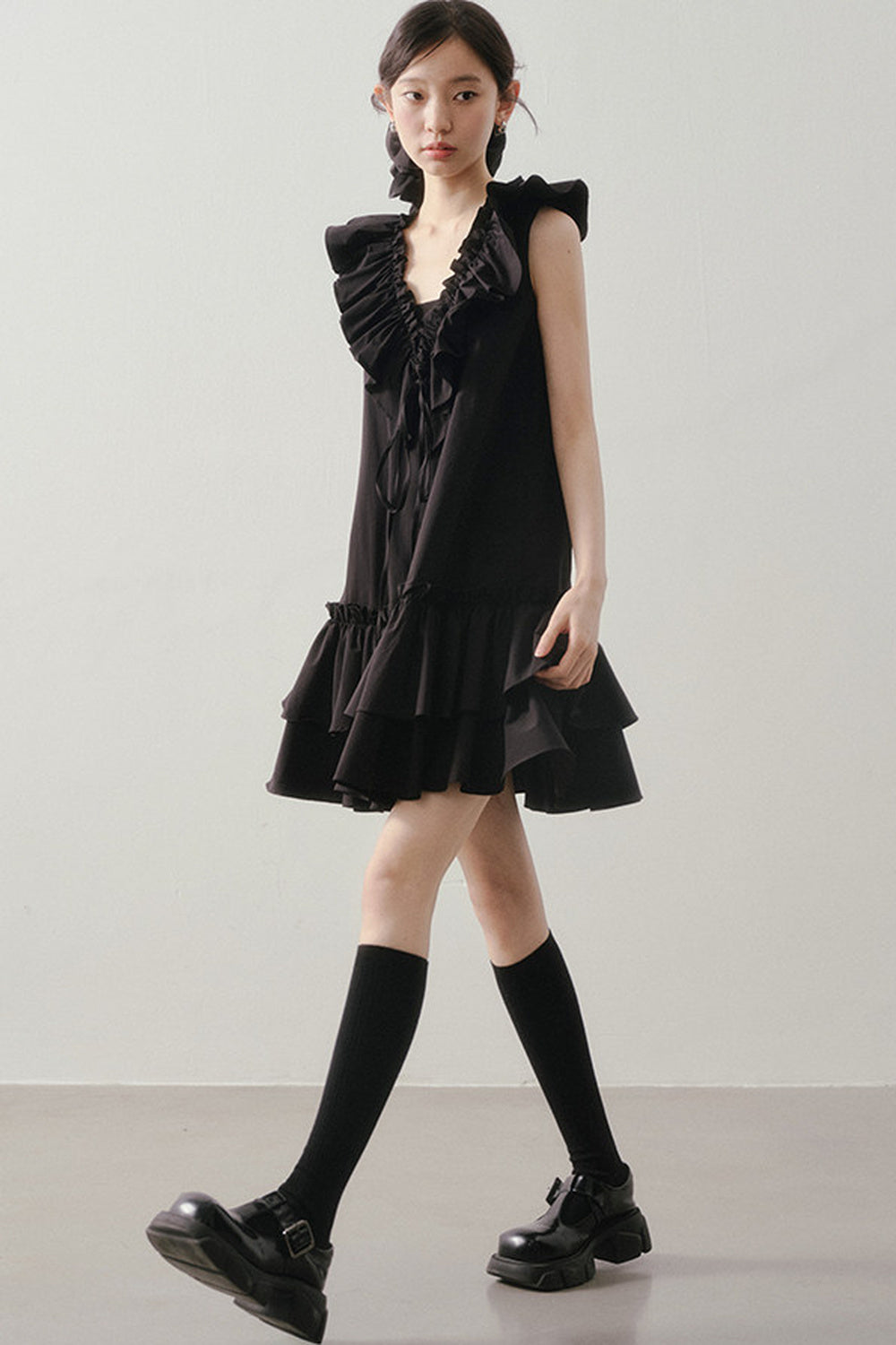 Ruffle V-Neck Tie Sleeveless Black Dress