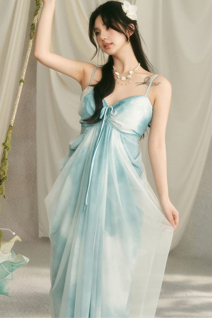 Blue Tie-Dye Cocoon Drawstring Slip Dress