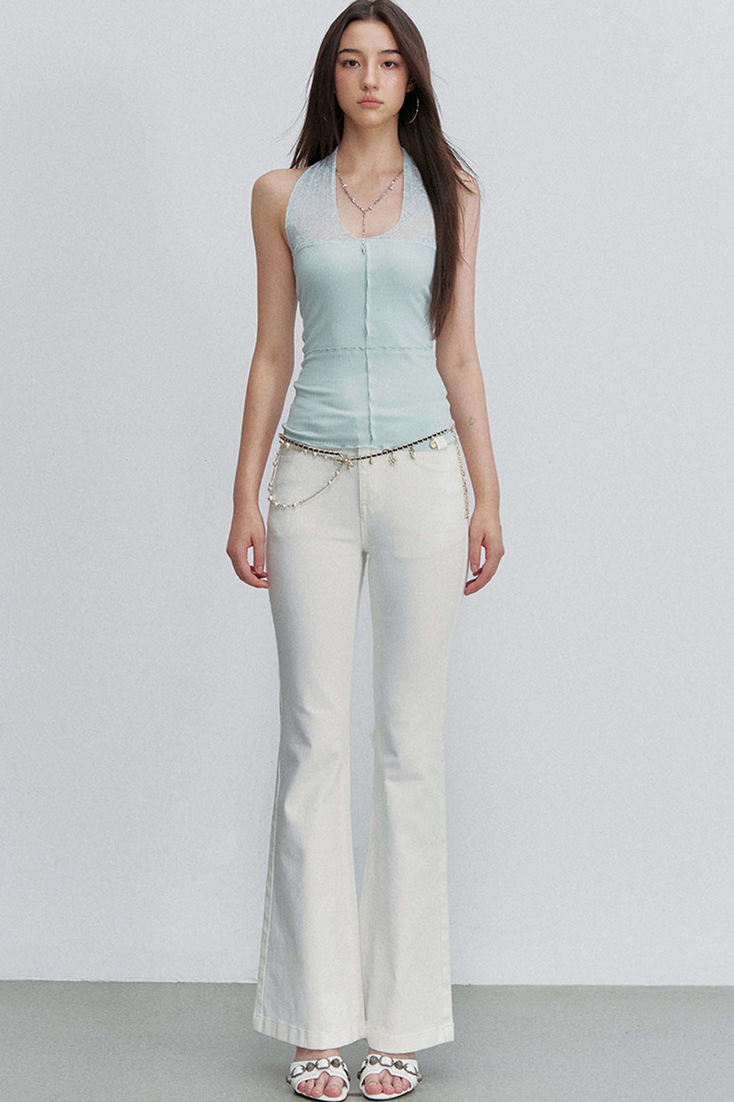 White Bamboo Texture Flared Denim Pants