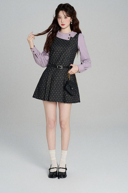 Black Purple Polka Dot Long Sleeve Dress