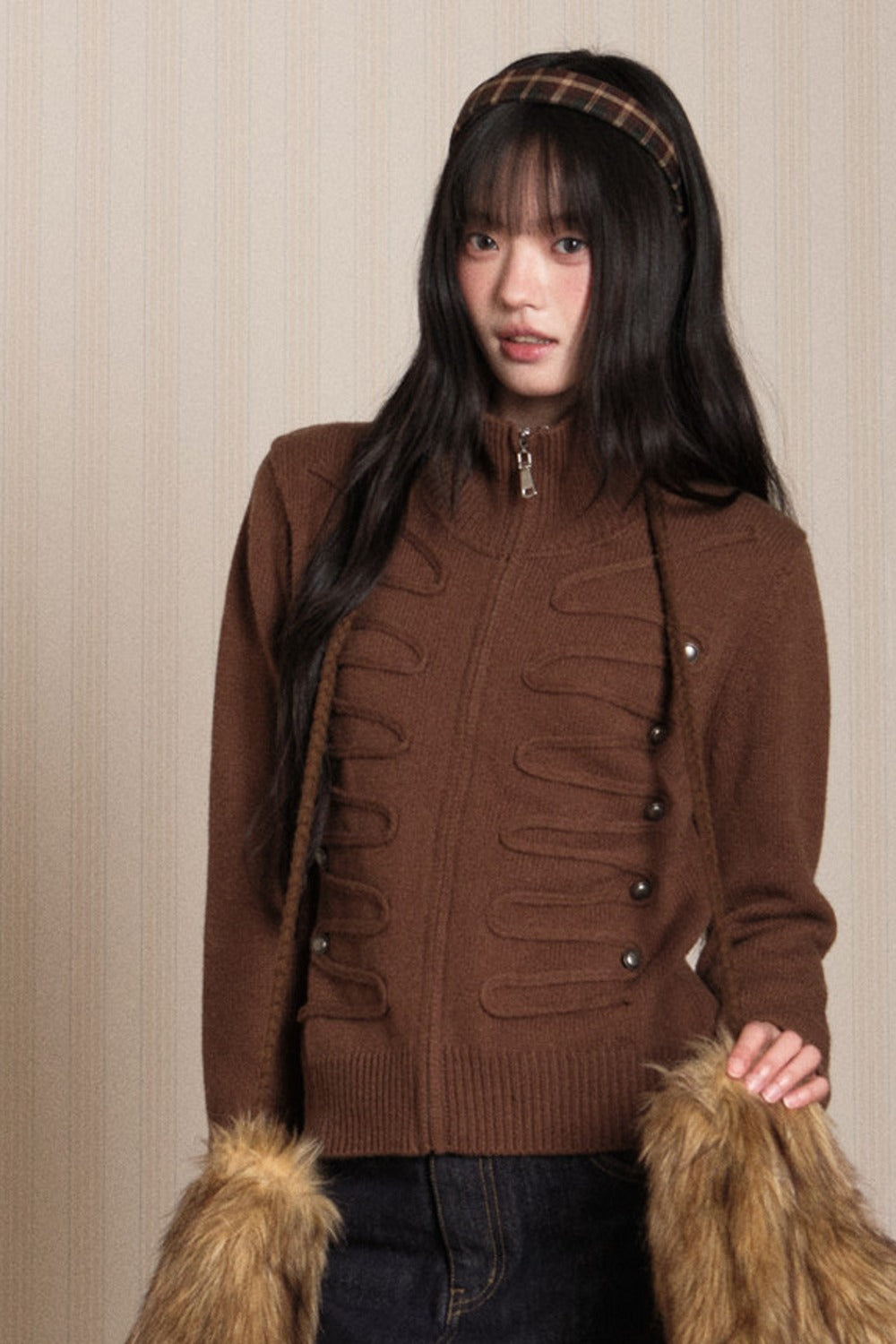 Napoleon Style Zipper Knit Cardigan