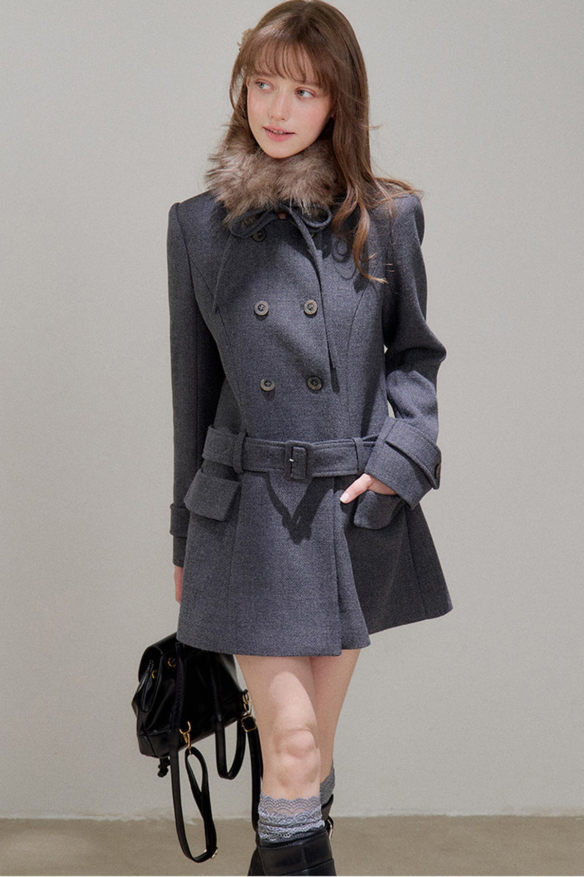 Double-Breasted Fur Collar Wool Coat