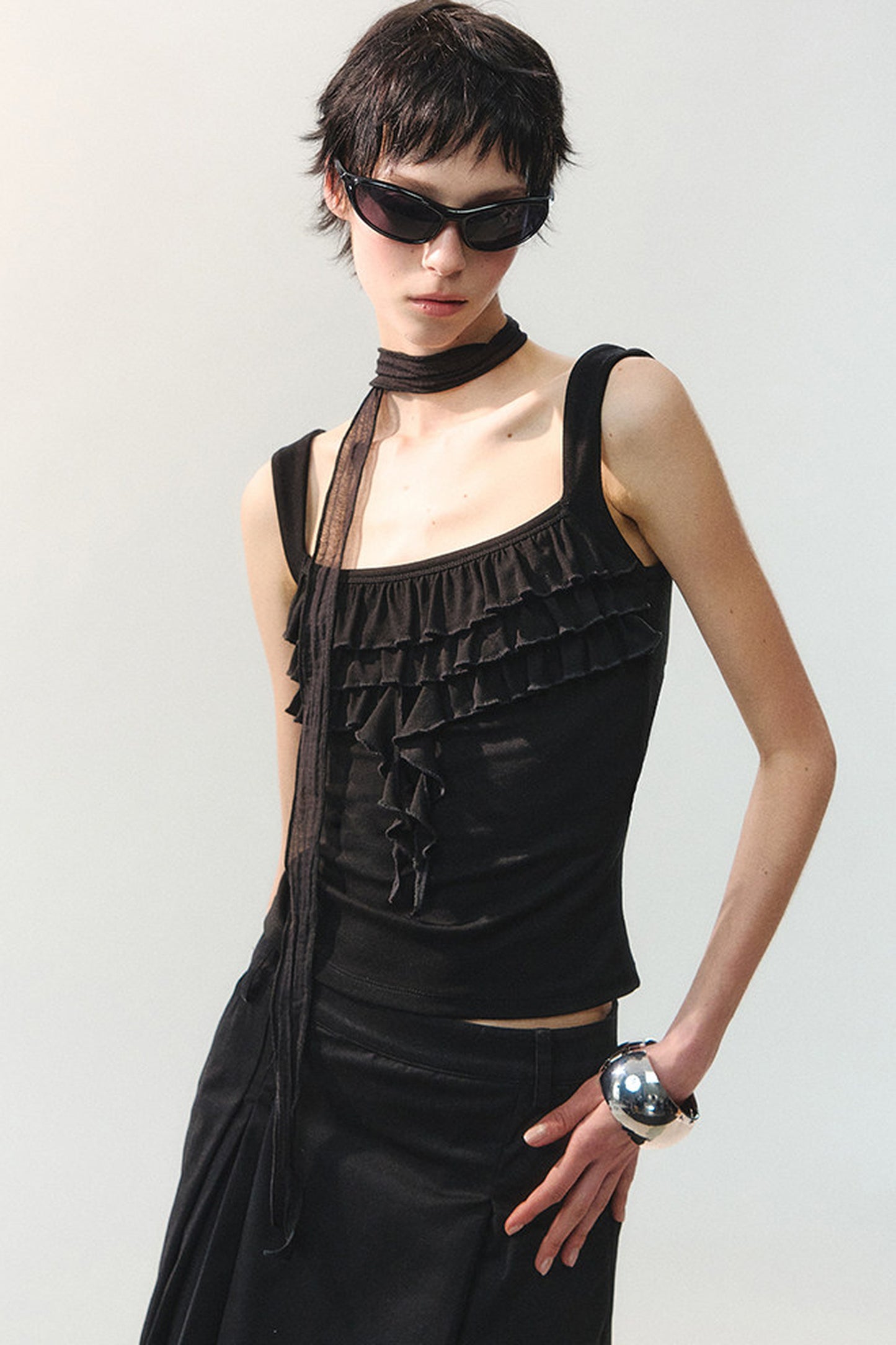 Square Neck Ruffle Trim Tank Top