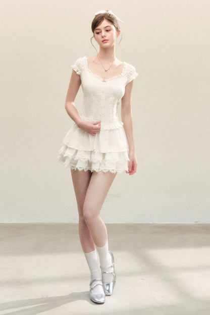 White Ruffled Tank Top and Puffy Cake Skirt Set-Up
