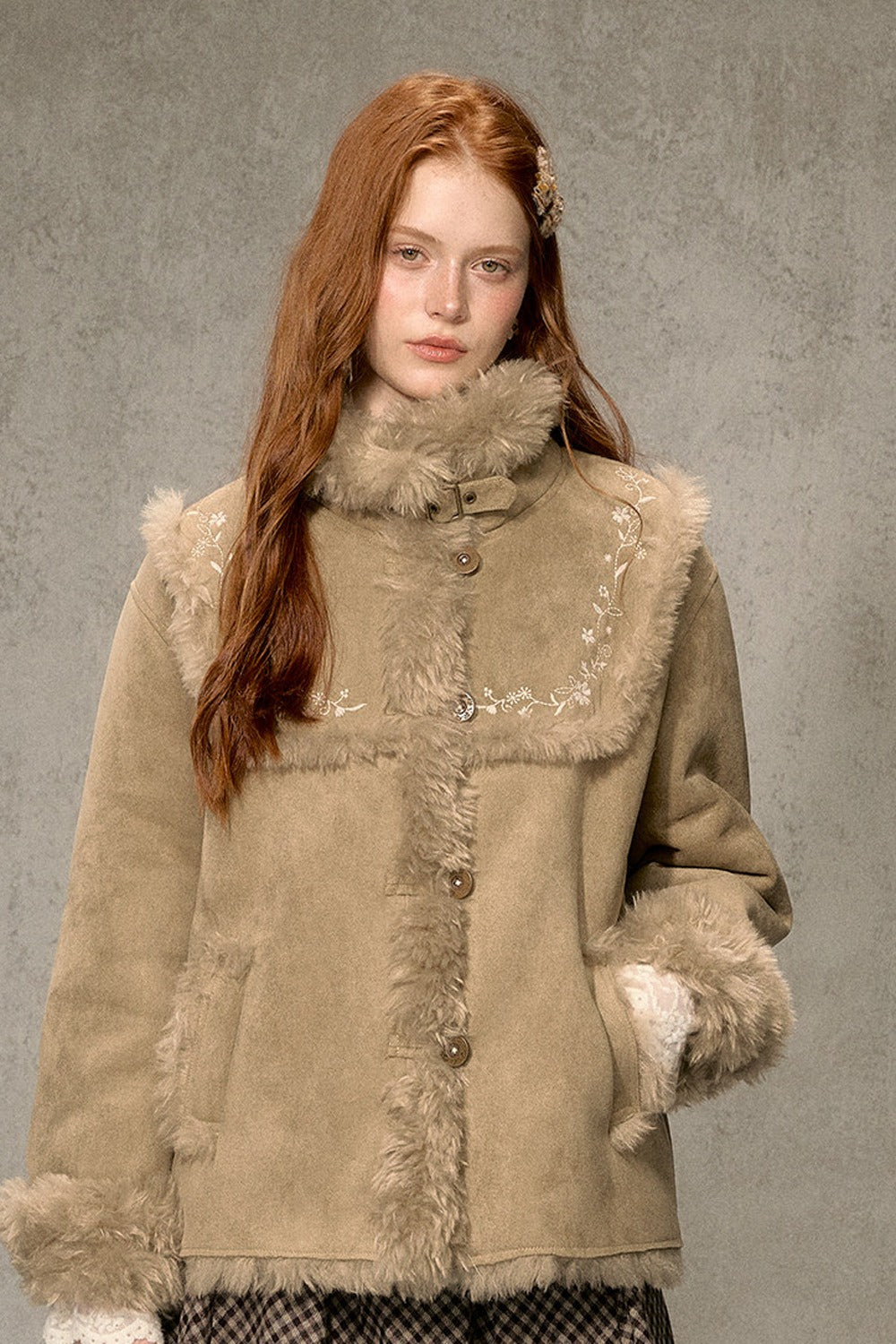 Embroidered Fur Collar Shearling Jacket