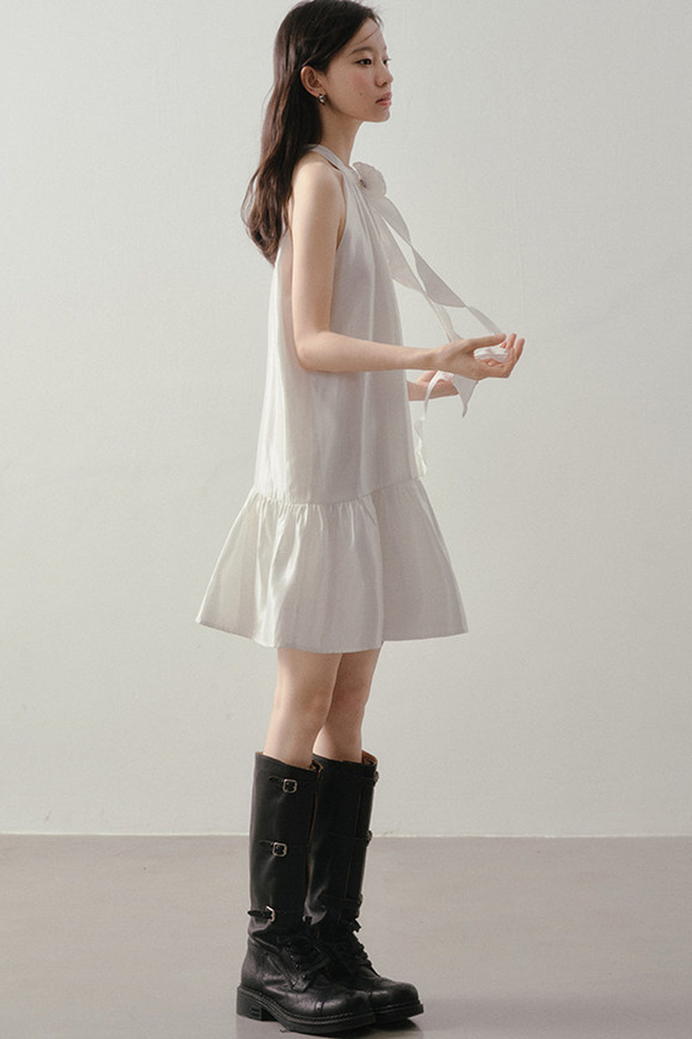 White Rose Halter Neck Ruffle Dress