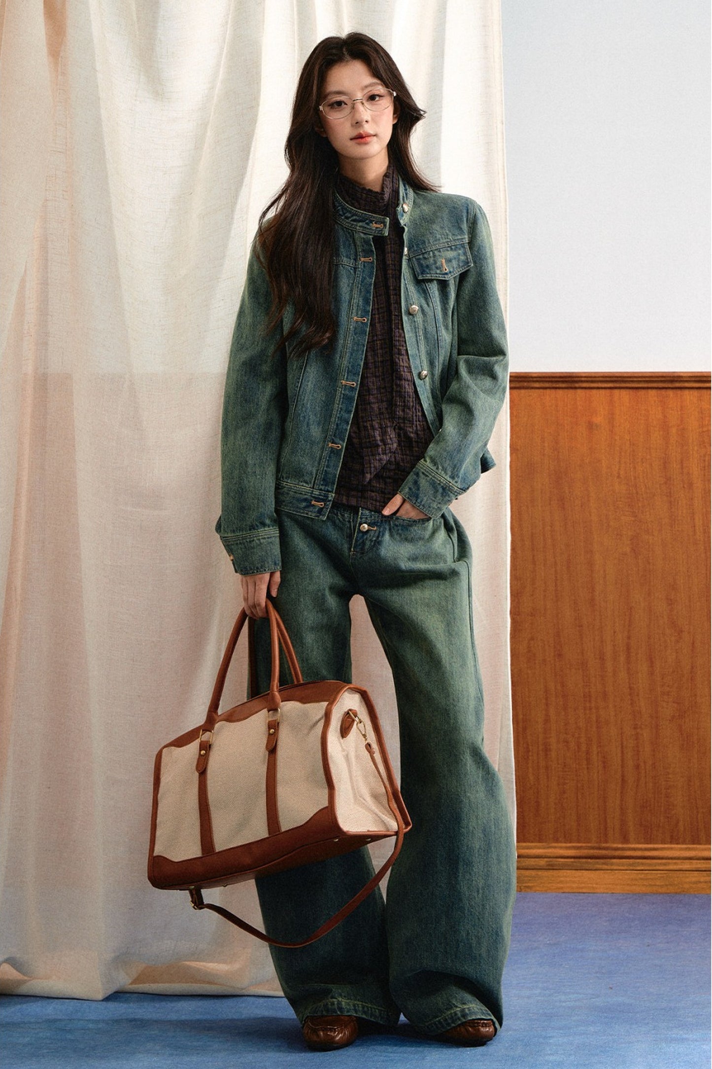Retro Washed Denim Top and Wide-Leg Pants Set-Up