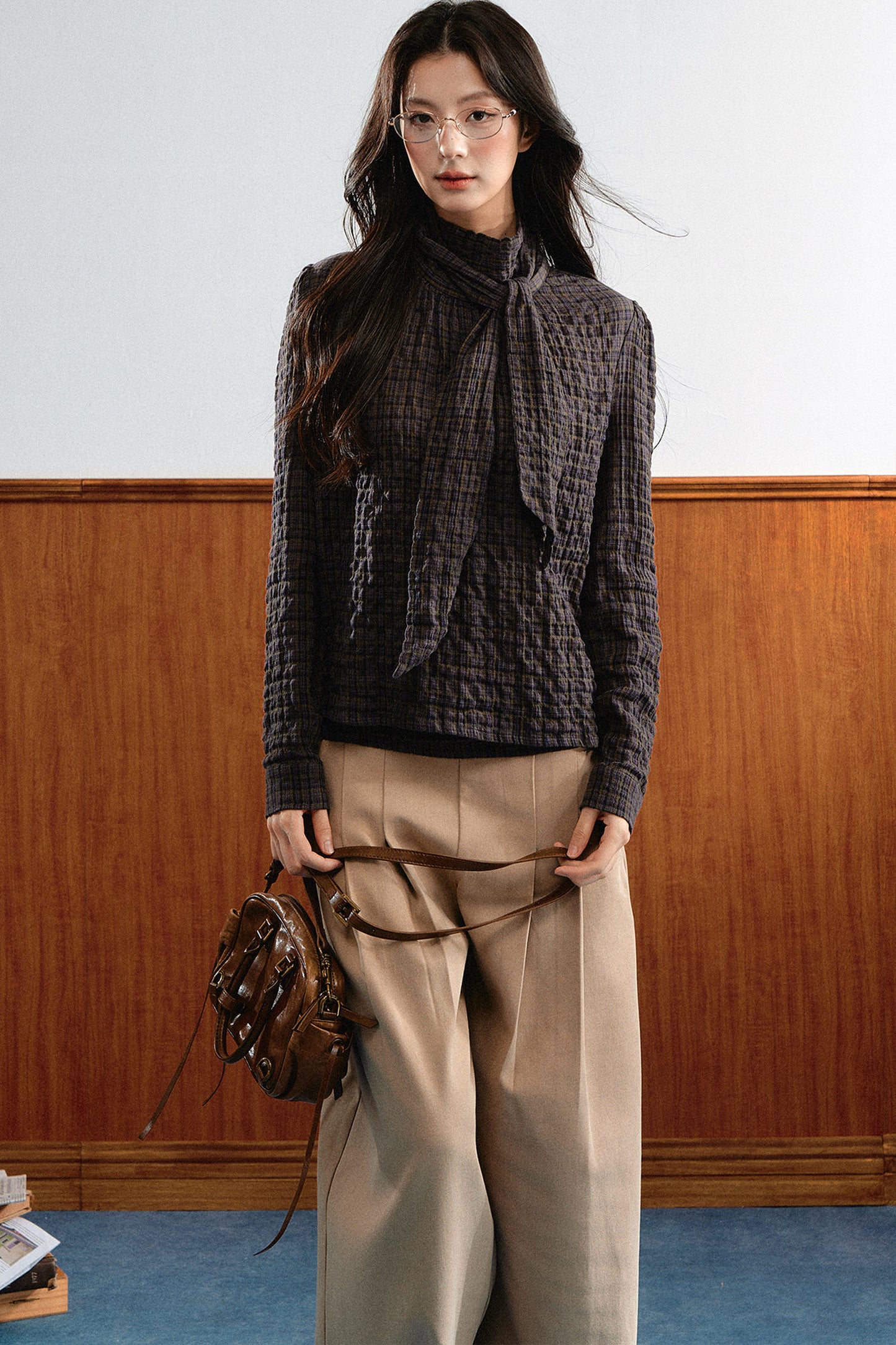 Plaid Cable-Knit Knit Shirt Top