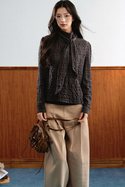 Plaid Cable-Knit Knit Shirt Top
