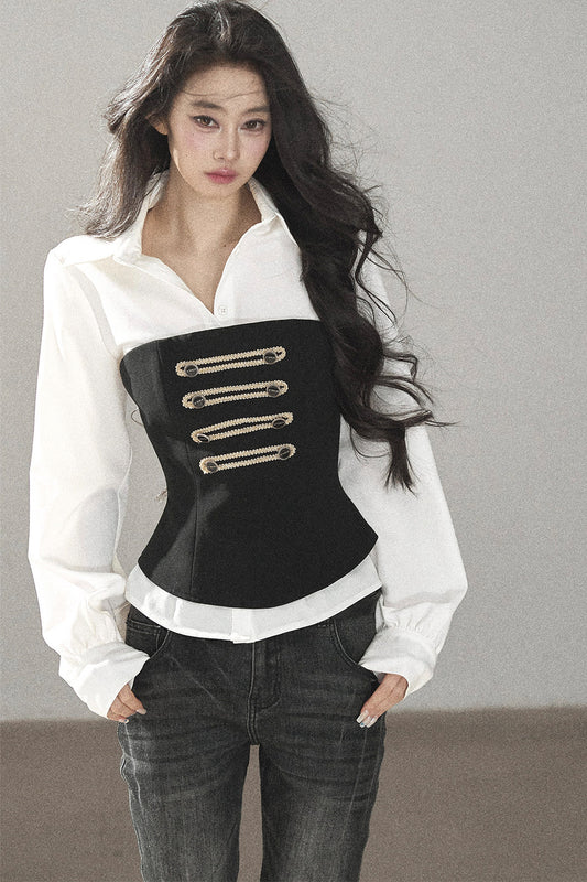 Inverted Moonlight Polo Collar Shirt And Corset Top Set