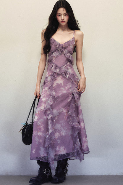 Purple Smudged Print Asymmetrical Ruffle Sleeveless Long Dress