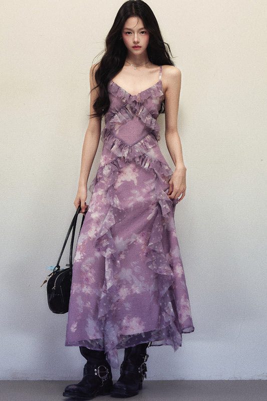 Purple Smudged Print Asymmetrical Ruffle Sleeveless Long Dress