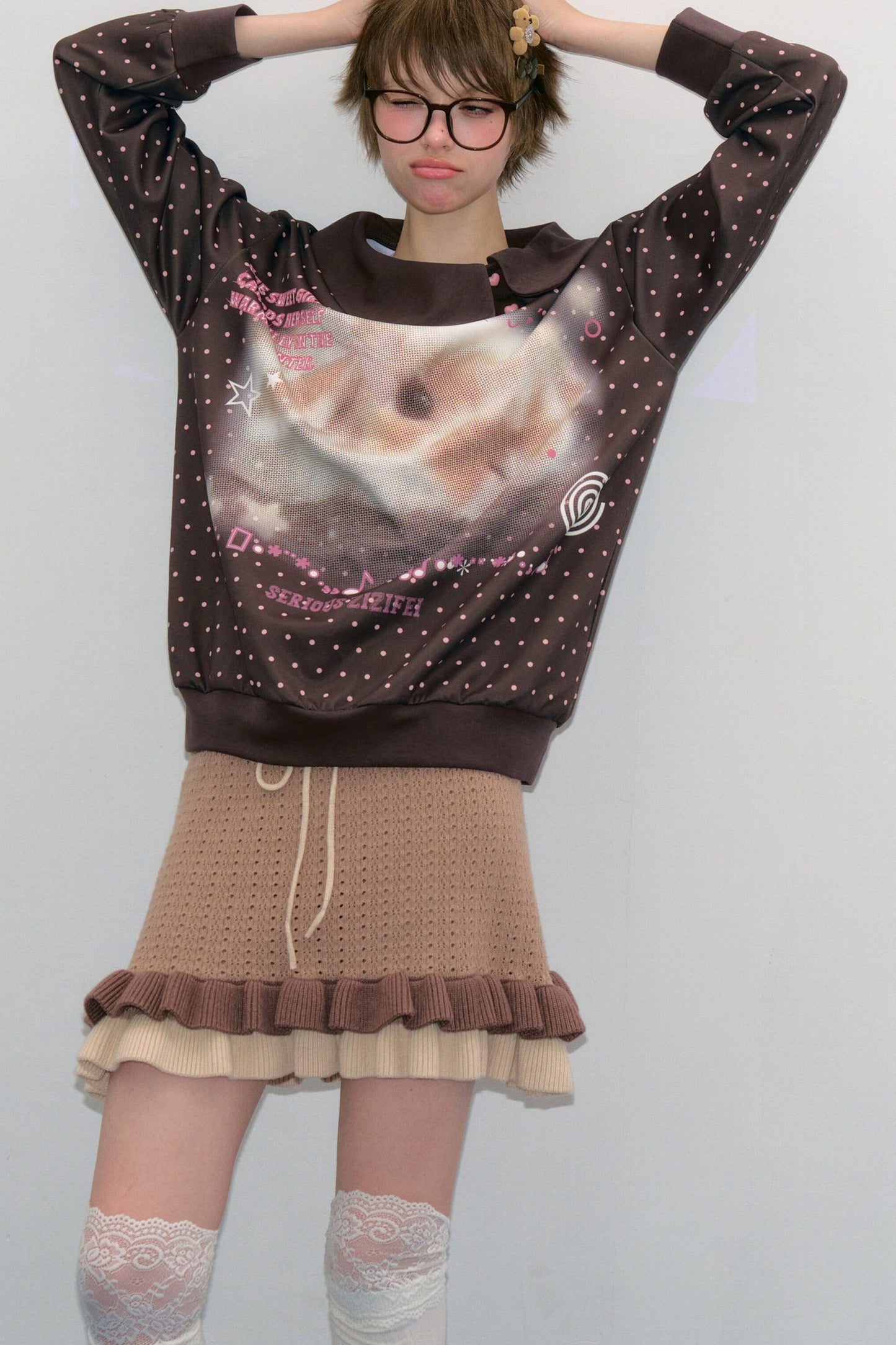 Polka Dot Rabbit Print Doll Collar Sweatshirt