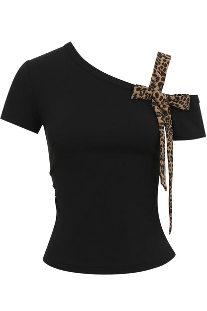 Leopard Bow Asymmetrical Shoulder Short Sleeve T-Shirt