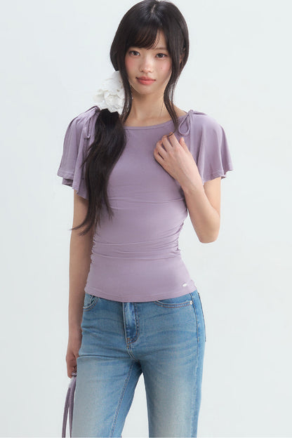Purple Tie Flutter Sleeve Top and Denim Pants Set-Up