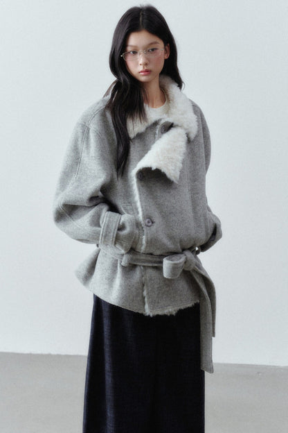 Plush Lapel Woolen Tie-Up Jacket