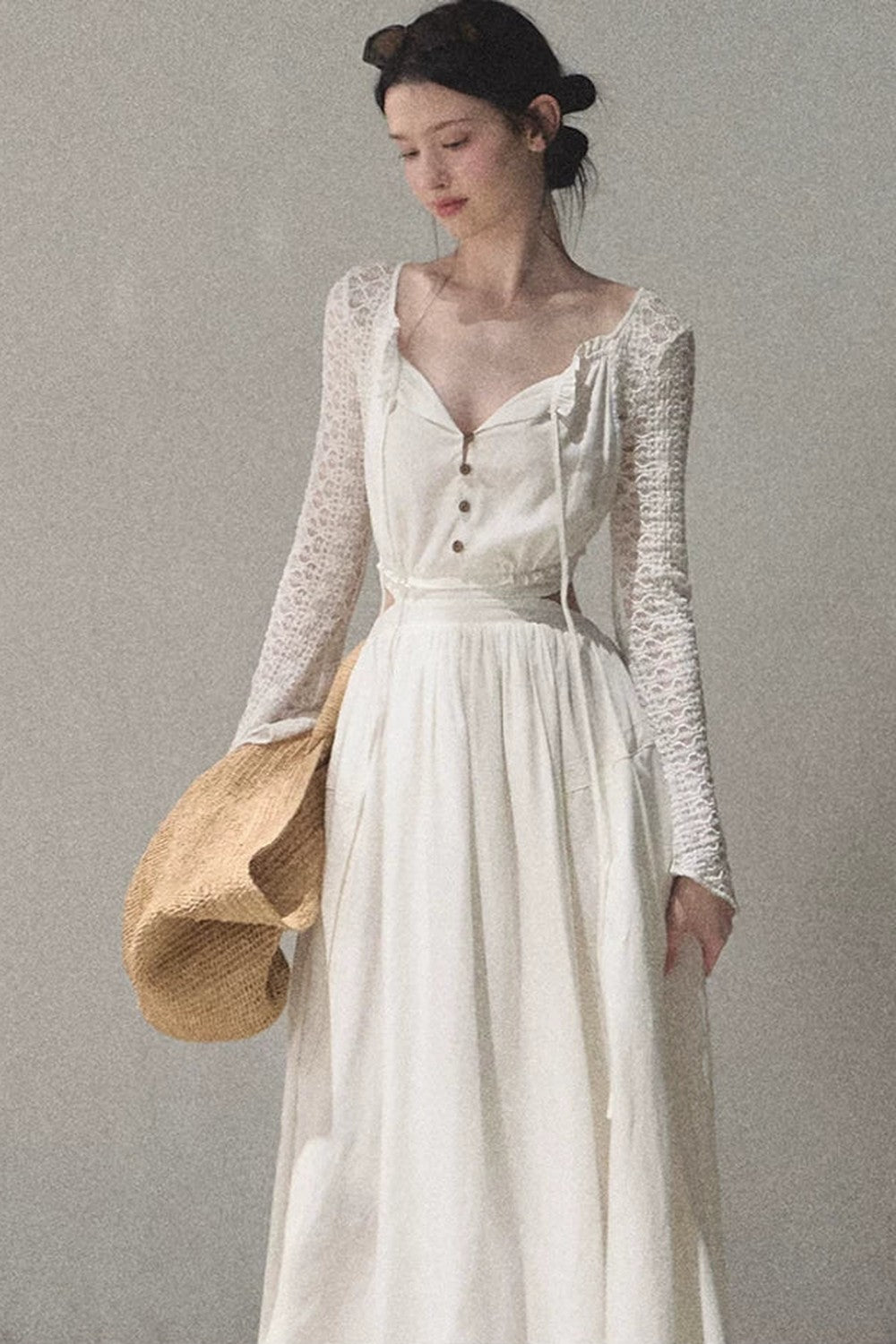 Lyocell Linen Hollow-Out Lace Dress