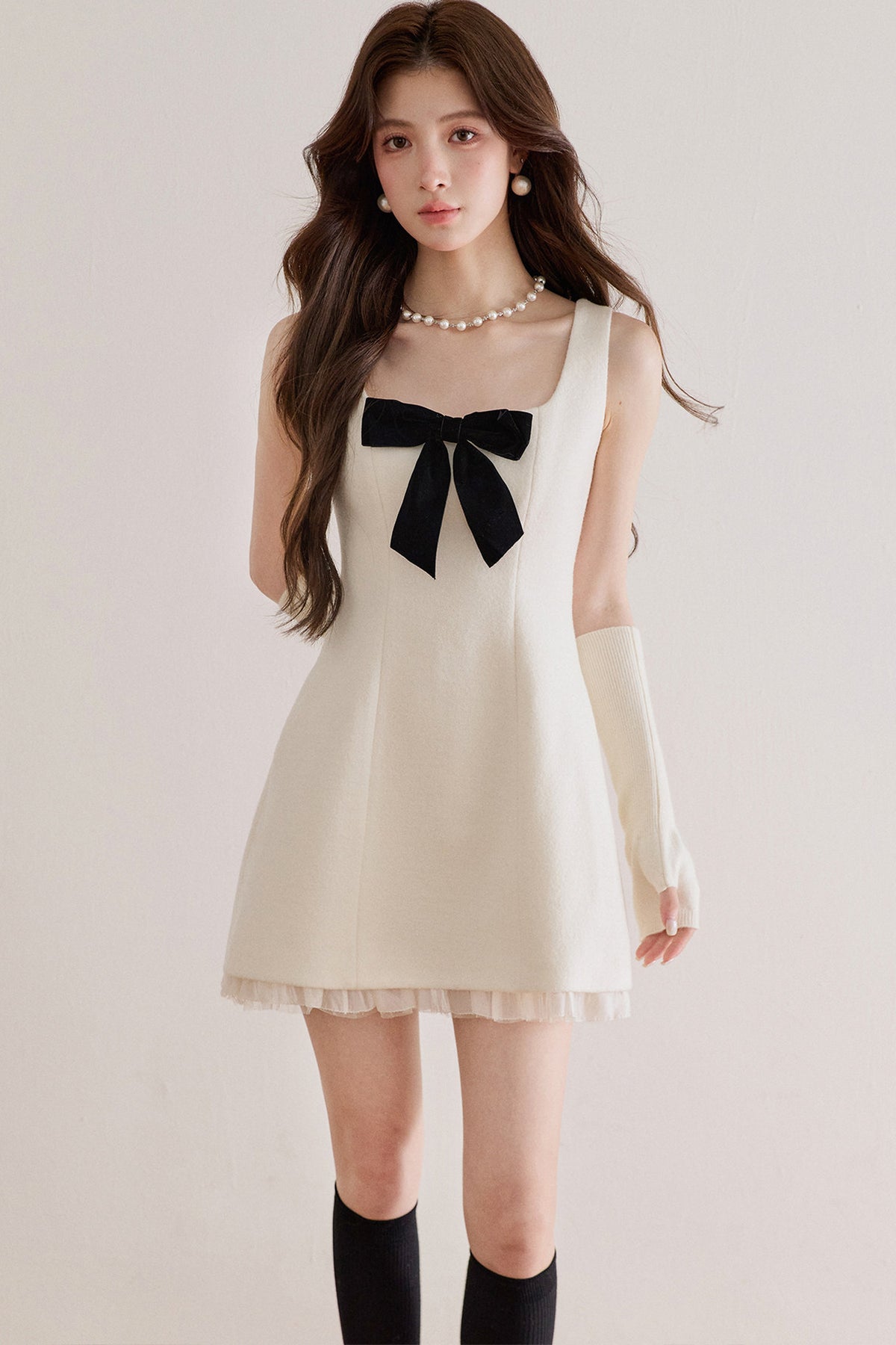 Bow Waist Mesh Wool Dress