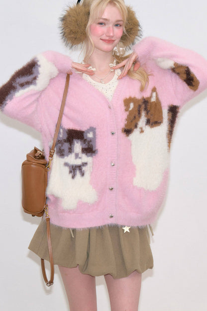 Pink Cat Knit Cardigan