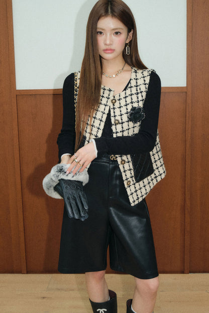 Black Leather Mid-Length Shorts and Vest Set-Up