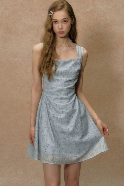 Blue Strap Waist-Cinching Print Dress