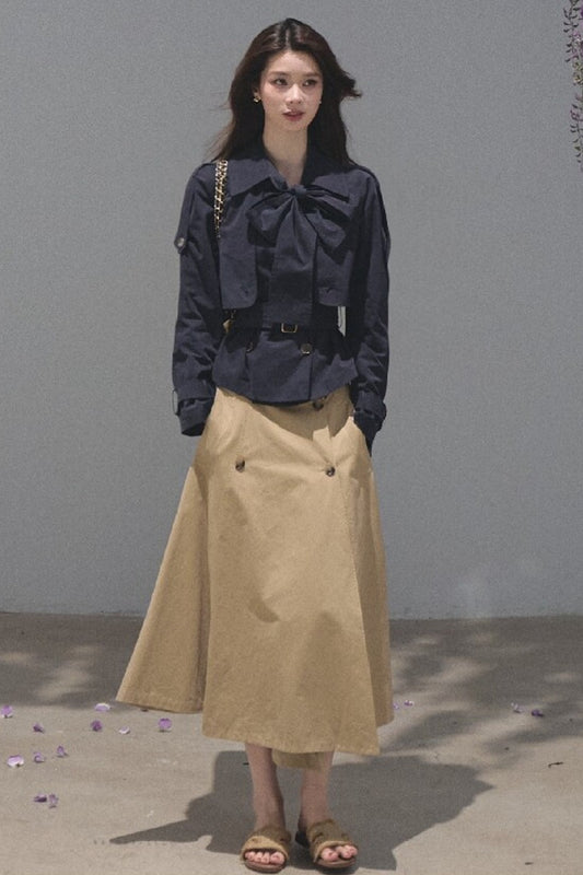 Serenity Blue Bow Tie Hunting Trench Coat And Skirt Set-Up
