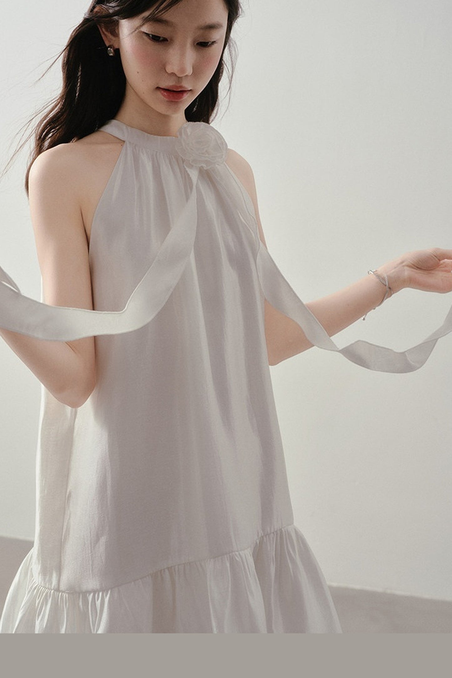 White Rose Halter Neck Ruffle Dress