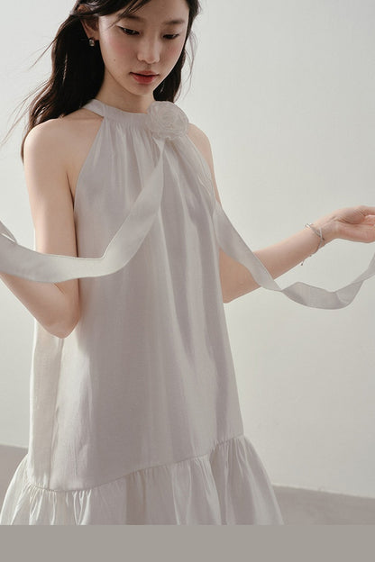 White Rose Halter Neck Ruffle Dress