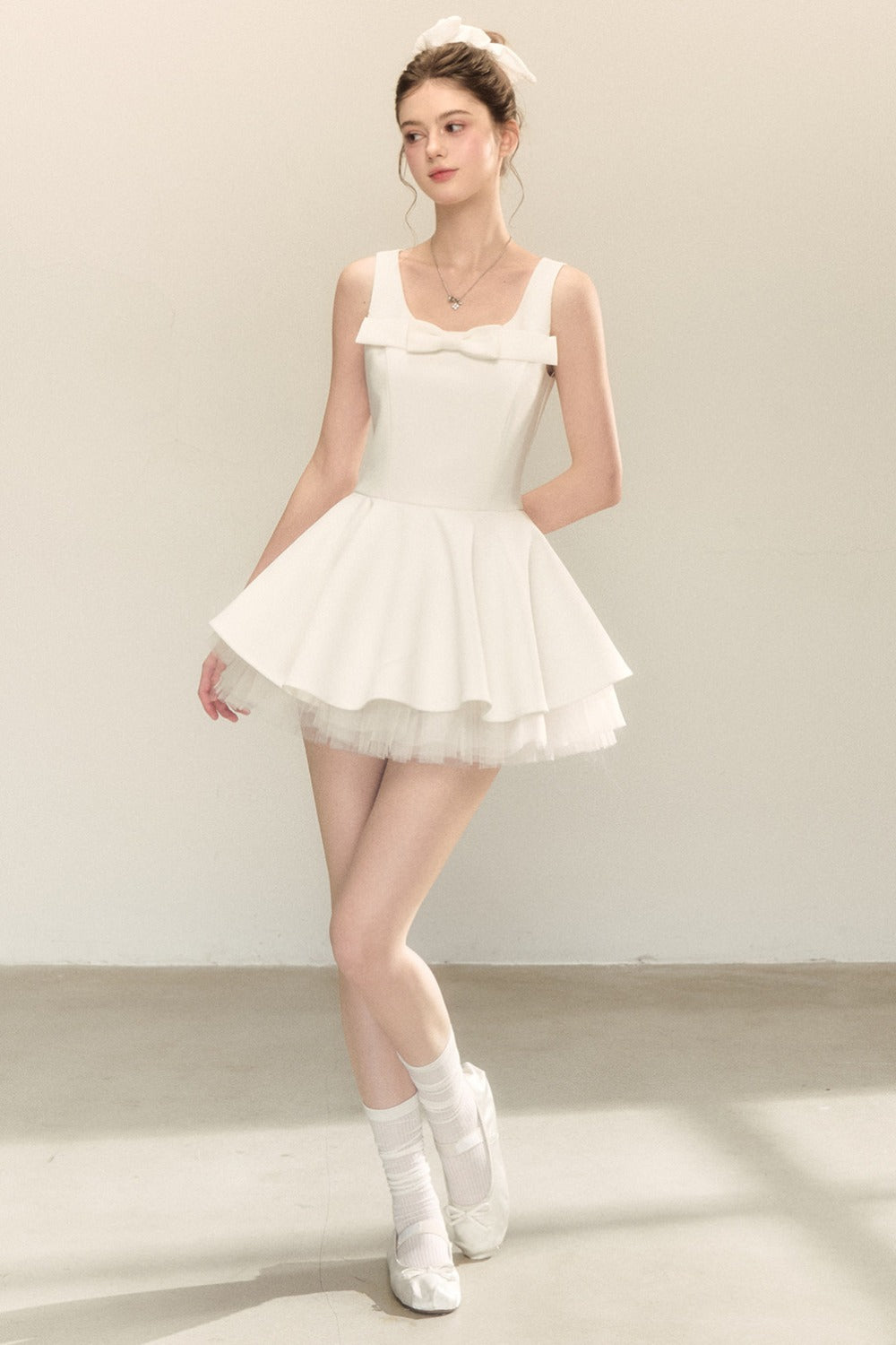 Bow Neck Spaghetti Strap Puffy Dress