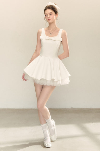 Bow Neck Spaghetti Strap Puffy Dress